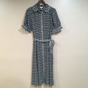 NWT Max Studio Womens L Maxi Dress Navy Blue Floral Button Collar Belted Cottage